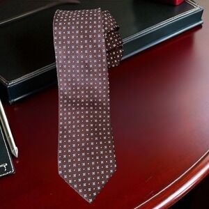 Chaps Men's 100% Silk Tie Dark Brown Background With Blue & White Decoration